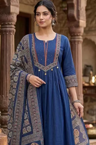 Women Ethnic Motifs Printed Empire Thread Work Pure Cotton Kurta with Trousers & With Dupatta