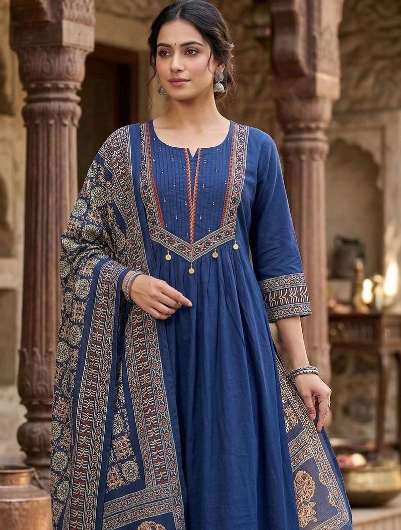 Women Ethnic Motifs Printed Empire Thread Work Pure Cotton Kurta with Trousers & With Dupatta