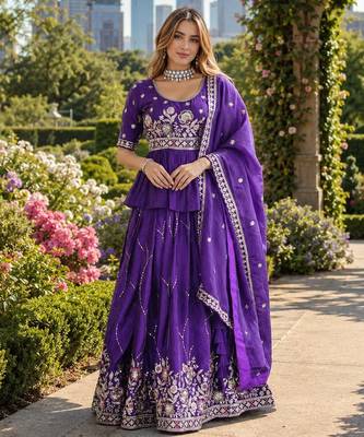 Purple silk blend Free Size Stitched Lehenga Choli with Embroidery & Zari Work 1