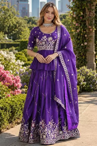 Purple silk blend Free Size Stitched Lehenga Choli with Embroidery & Zari Work