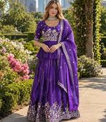 Purple silk blend Free Size Stitched Lehenga Choli with Embroidery & Zari Work