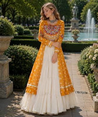 White Cotton Free Size Stitched Navratri Lehenga Choli with Bandhani & Kutchi Patch Work 1