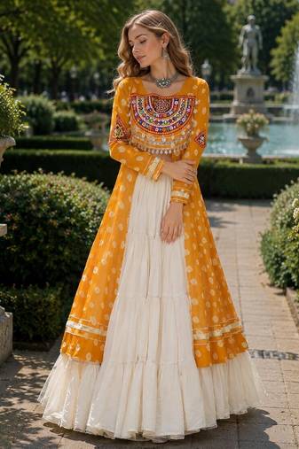White Cotton Free Size Stitched Navratri Lehenga Choli with Bandhani & Kutchi Patch Work