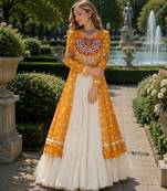 White Cotton Free Size Stitched Navratri Lehenga Choli with Bandhani & Kutchi Patch Work