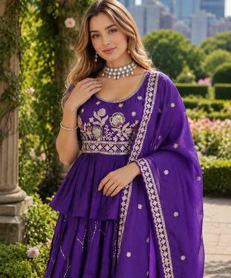 Purple silk blend Free Size Stitched Lehenga Choli with Embroidery & Zari Work 2