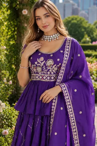 Purple silk blend Free Size Stitched Lehenga Choli with Embroidery & Zari Work