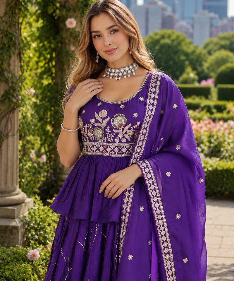 Purple silk blend Free Size Stitched Lehenga Choli with Embroidery & Zari Work