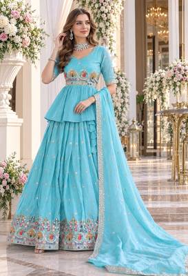 Sky-Blue silk blend Free Size Stitched Lehenga Choli with Embroidery & Zari Work 1