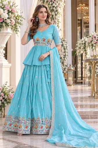 Sky-Blue silk blend Free Size Stitched Lehenga Choli with Embroidery & Zari Work
