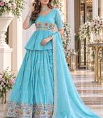 Sky-Blue silk blend Free Size Stitched Lehenga Choli with Embroidery & Zari Work