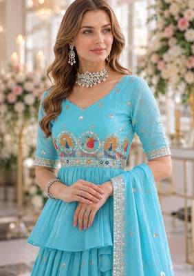 Sky-Blue silk blend Free Size Stitched Lehenga Choli with Embroidery & Zari Work 2