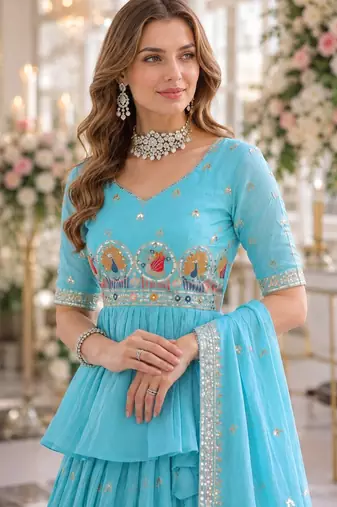 Sky-Blue silk blend Free Size Stitched Lehenga Choli with Embroidery & Zari Work
