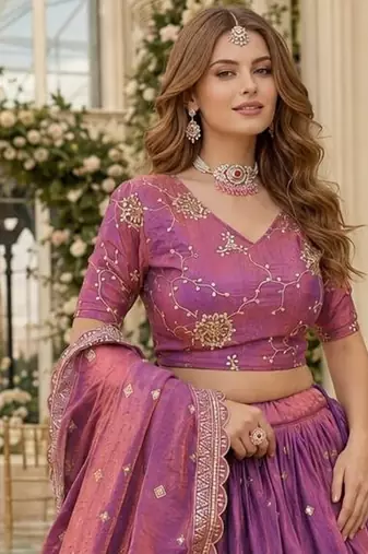 Purple silk blend Lehenga Choli with Zari Embroidery & Sequin Work