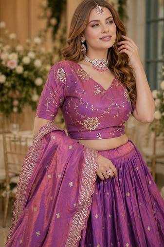 Purple silk blend Lehenga Choli with Zari Embroidery & Sequin Work
