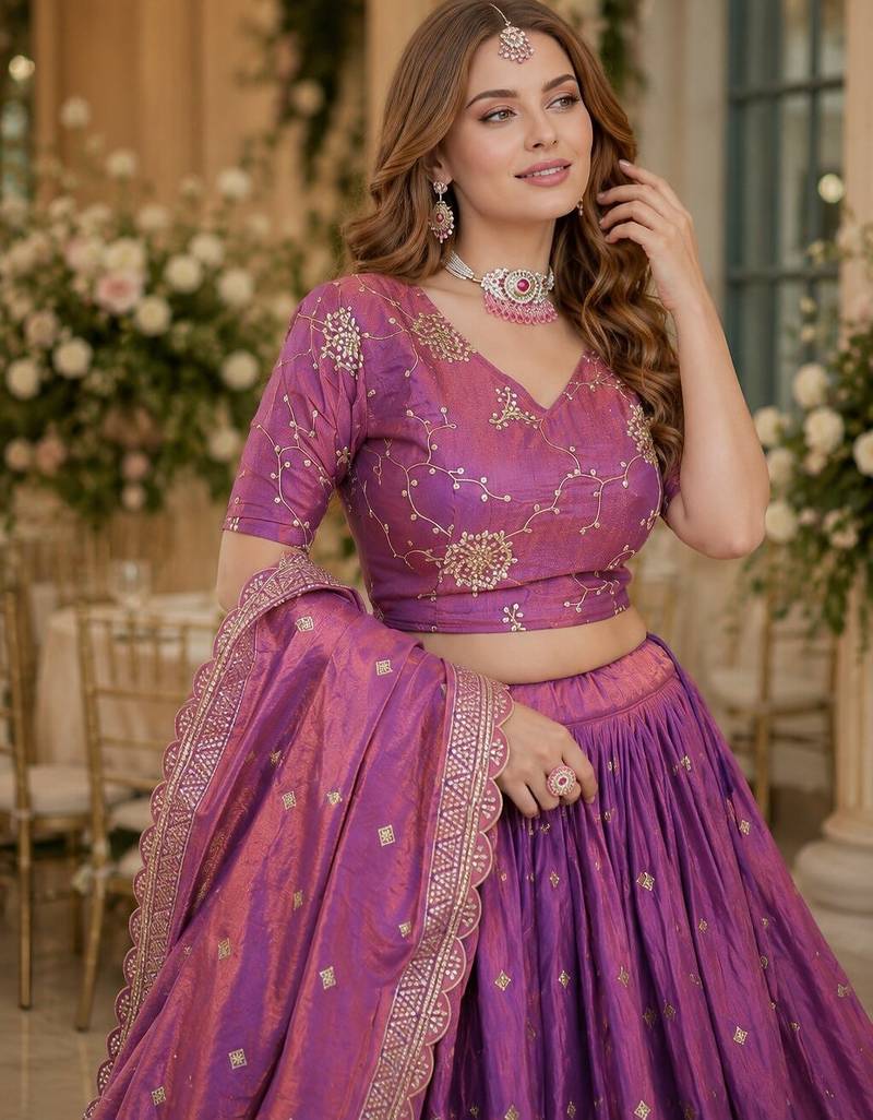 Purple silk blend Lehenga Choli with Zari Embroidery & Sequin Work