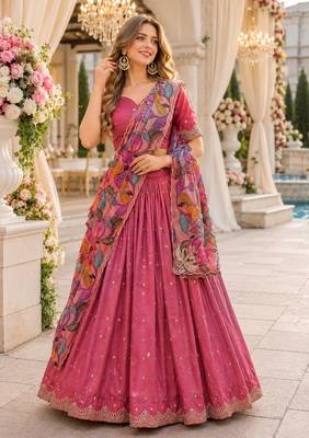 Pink Silk Semi Stitched Lehenga Choli with Zari Embroidery & Sequence Work 1