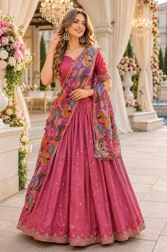 Pink Silk Semi Stitched Lehenga Choli with Zari Embroidery & Sequence Work
