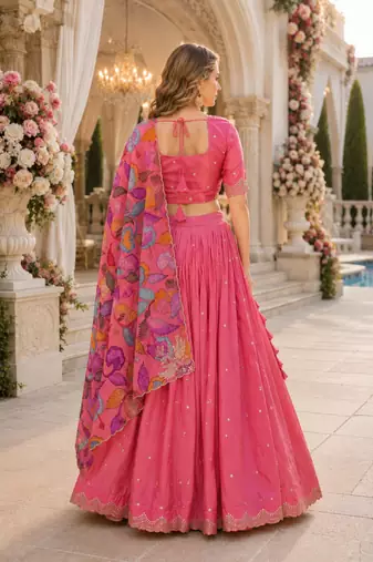 Pink Silk Semi Stitched Lehenga Choli with Zari Embroidery & Sequence Work