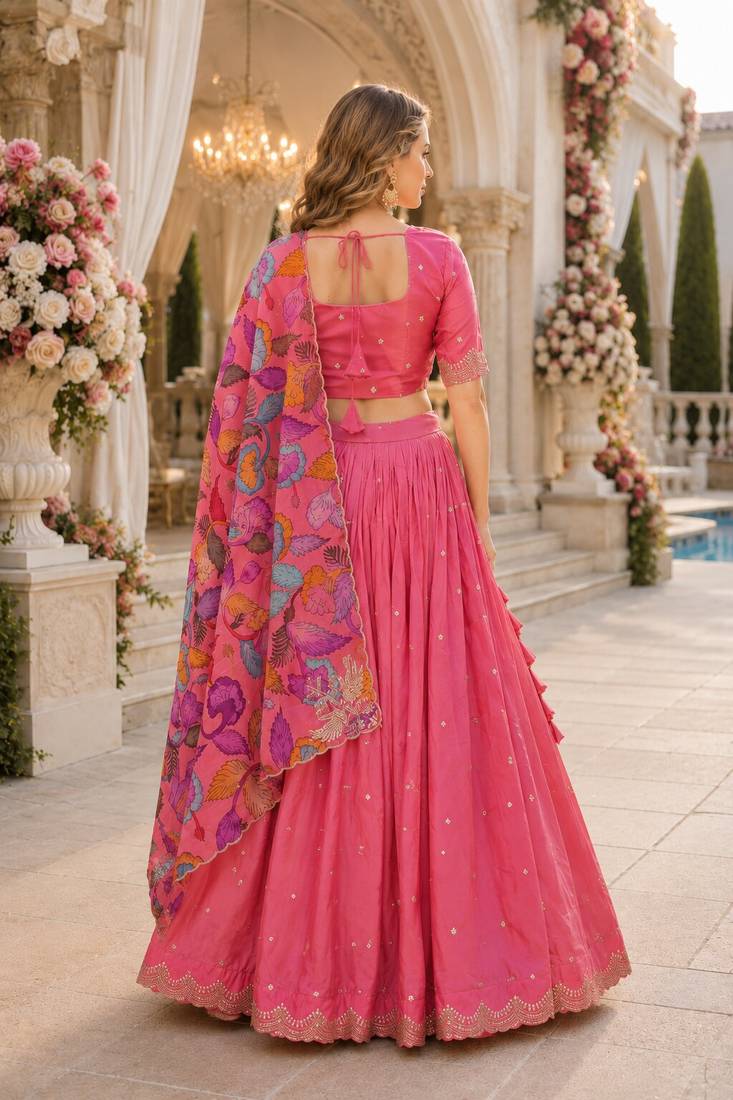 Pink Silk Semi Stitched Lehenga Choli with Zari Embroidery & Sequence Work