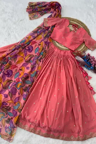 Pink Silk Semi Stitched Lehenga Choli with Zari Embroidery & Sequence Work