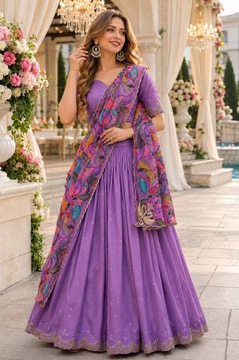 Lavender silk blend Lehenga Choli with Zari Embroidery & Sequin Work
