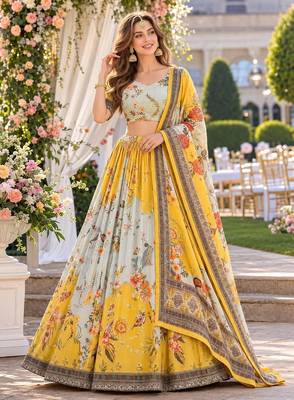 Yellow Silk Semi Stitched Lehenga Choli with Embroidery & Printed Work 1