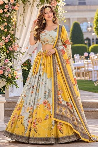 Yellow Silk Semi Stitched Lehenga Choli with Embroidery & Printed Work