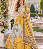 Yellow Silk Semi Stitched Lehenga Choli with Embroidery & Printed Work