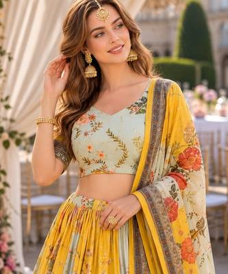 Yellow Silk Semi Stitched Lehenga Choli with Embroidery & Printed Work 2