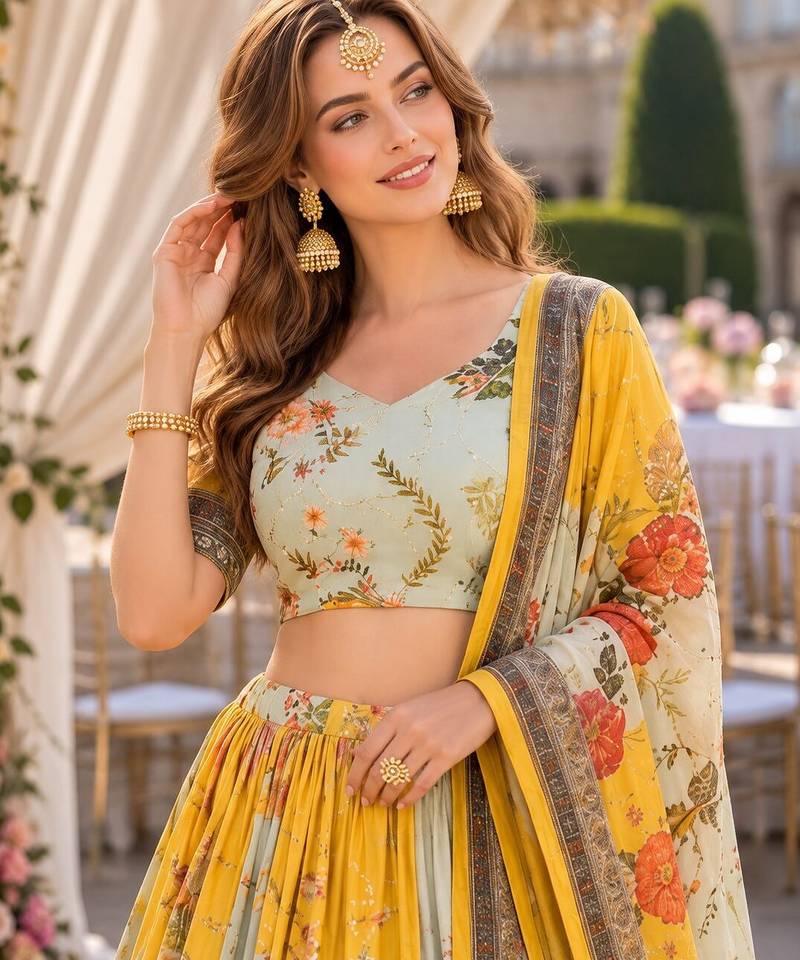 Yellow Silk Semi Stitched Lehenga Choli with Embroidery & Printed Work