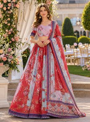 Orange silk blend Lehenga Choli with Embroidery & Printed Work 1