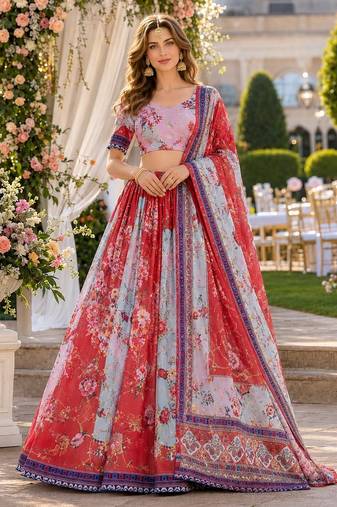 Orange silk blend Lehenga Choli with Embroidery & Printed Work