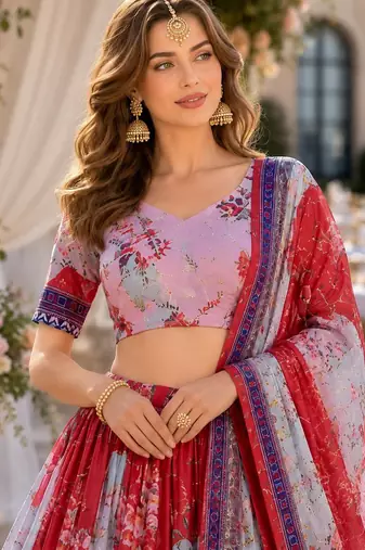 Orange silk blend Lehenga Choli with Embroidery & Printed Work