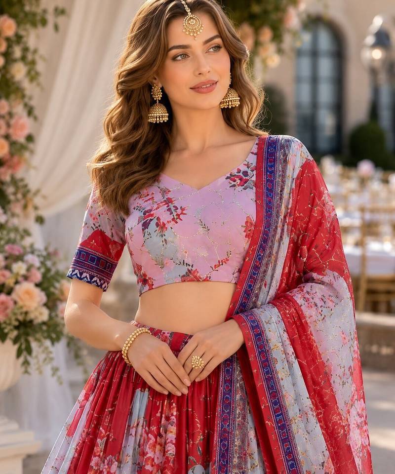 Orange silk blend Lehenga Choli with Embroidery & Printed Work
