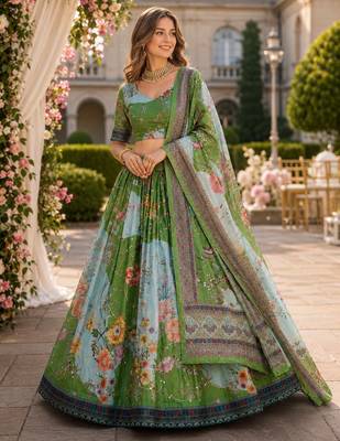 Green silk blend Lehenga Choli with Embroidery & Printed Work 1