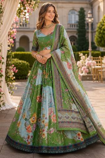 Green silk blend Lehenga Choli with Embroidery & Printed Work