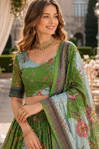 Green silk blend Lehenga Choli with Embroidery & Printed Work