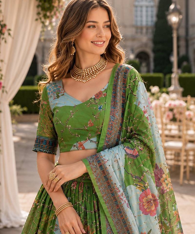 Green silk blend Lehenga Choli with Embroidery & Printed Work