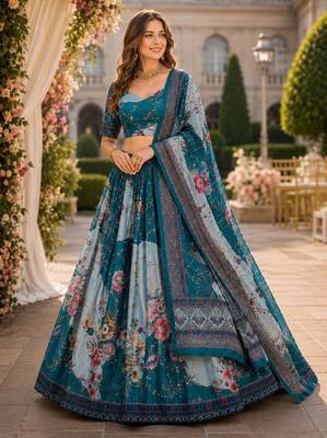 Blue silk blend Lehenga Choli with Embroidery & Printed Work 1