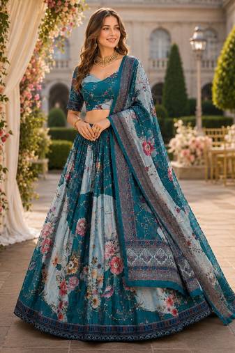Blue silk blend Lehenga Choli with Embroidery & Printed Work