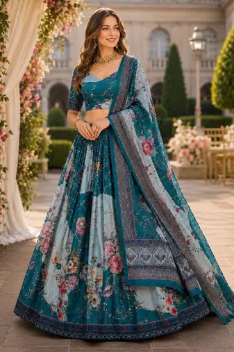 Blue silk blend Lehenga Choli with Embroidery & Printed Work