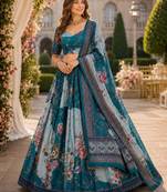 Blue silk blend Lehenga Choli with Embroidery & Printed Work