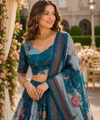 Blue silk blend Lehenga Choli with Embroidery & Printed Work 2