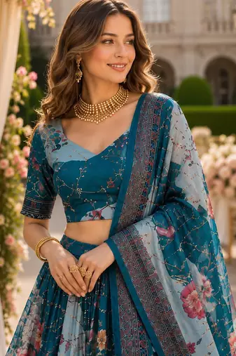 Blue silk blend Lehenga Choli with Embroidery & Printed Work