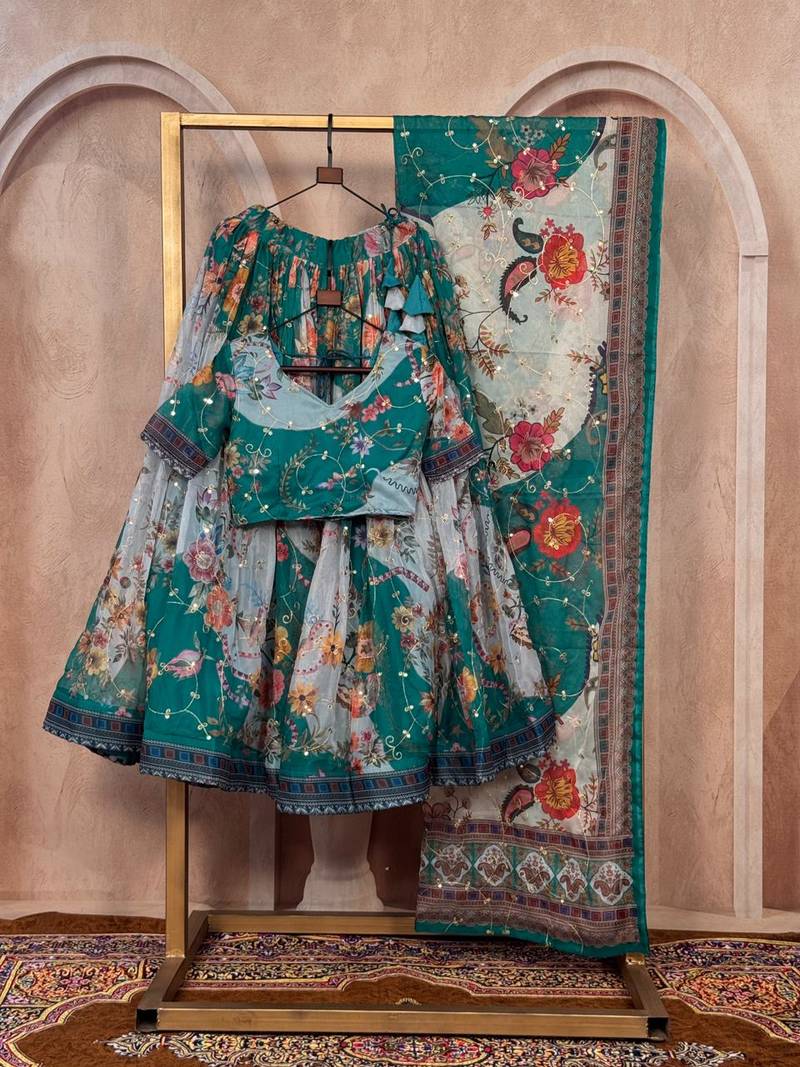 Blue silk blend Lehenga Choli with Embroidery & Printed Work