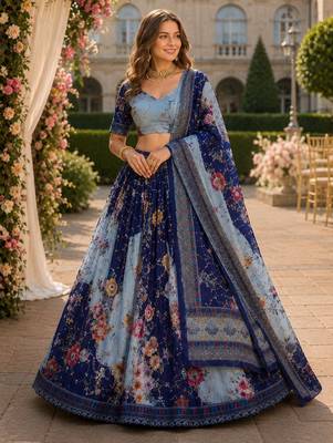 Grey silk blend Lehenga Choli with Embroidery & Printed Work 1