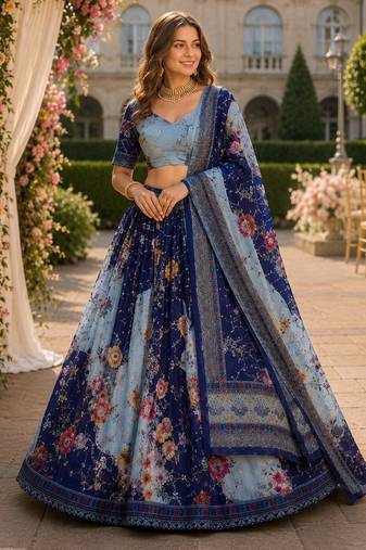 Grey silk blend Lehenga Choli with Embroidery & Printed Work