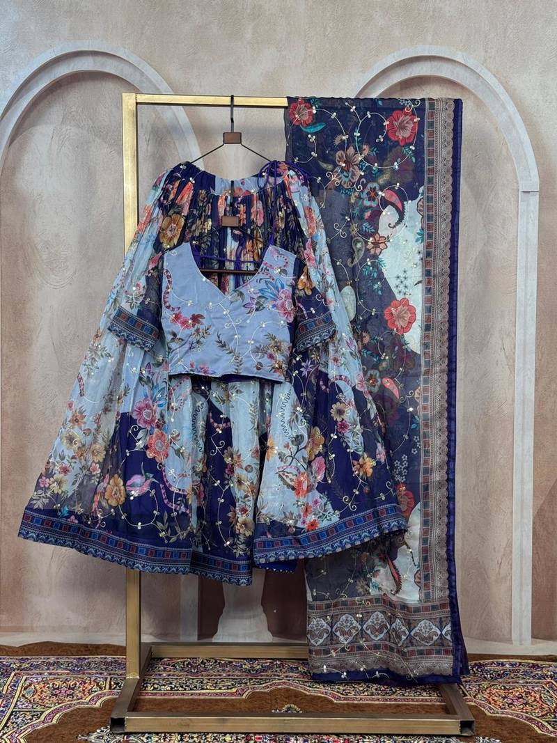 Grey silk blend Lehenga Choli with Embroidery & Printed Work