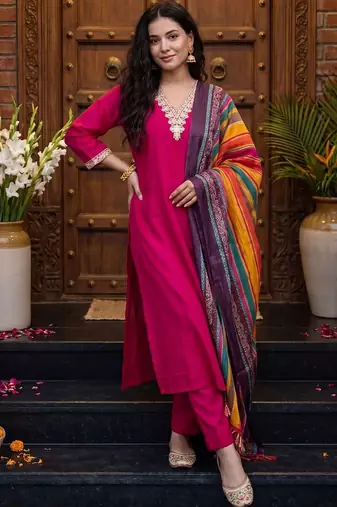 Women Ethnic Motifs Embroidered Regular Kurta with Trousers & With Dupatta