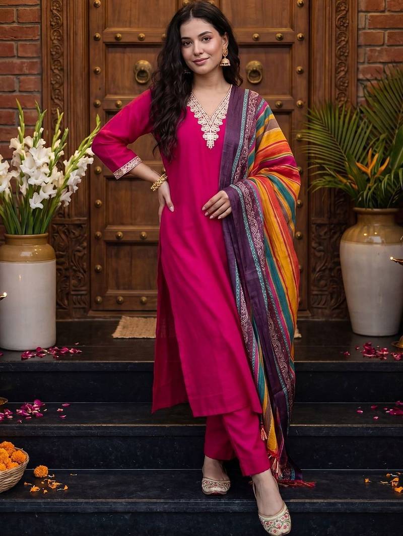 Women Ethnic Motifs Embroidered Regular Kurta with Trousers & With Dupatta